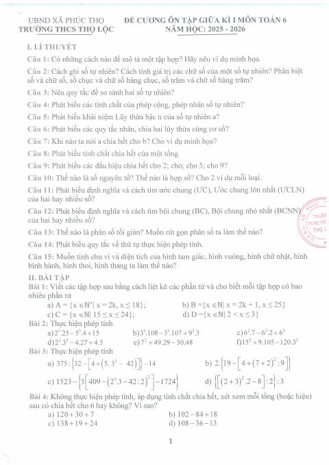 Đề cương giữa học kì 1 Toán 6 năm 2025 – 2026 trường THCS Thọ Lộc – Hà Nội
